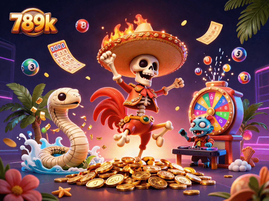 Win big with 789k in a vibrant casino scene filled with colorful games and characters.