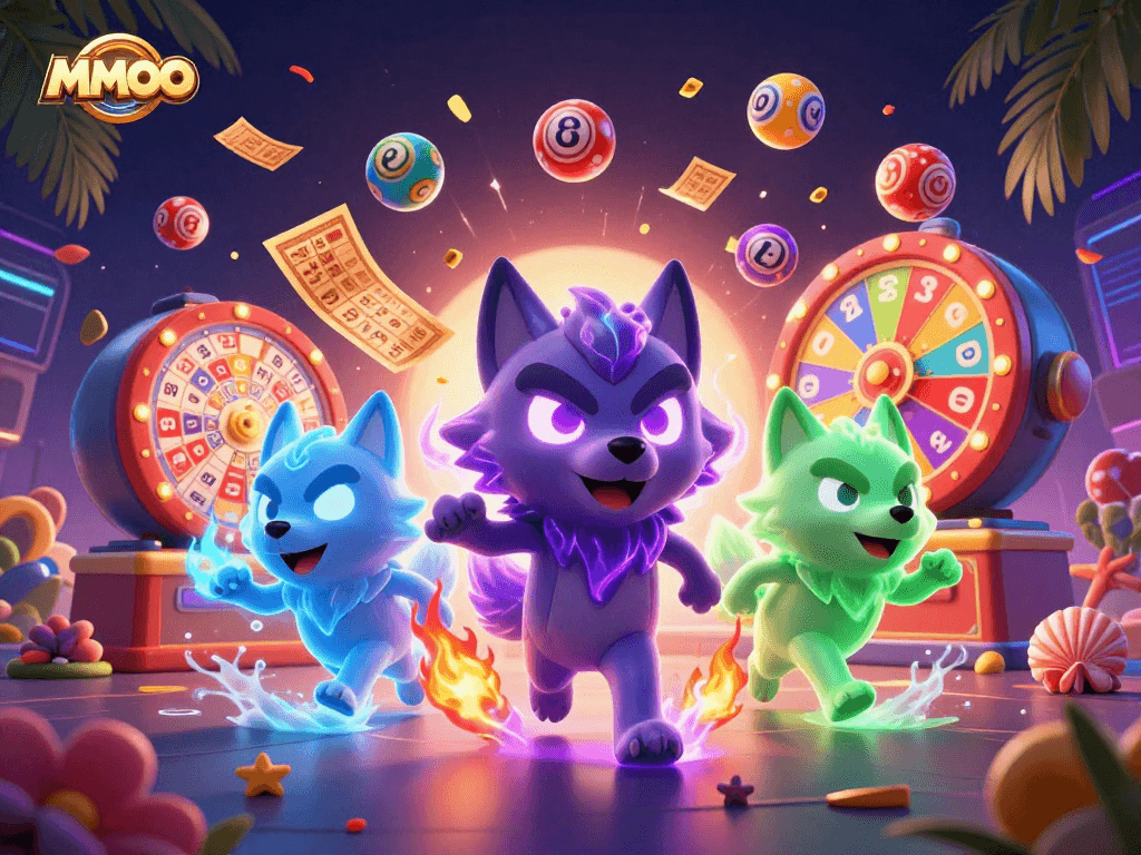 Experience thrilling lottery excitement with MMOO's vibrant jackpot scene featuring enchanted wolves.