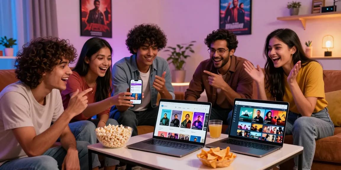 Pikashow APK download showcased on smartphone during a lively movie night with friends, showcasing vibrant interface and streaming options.