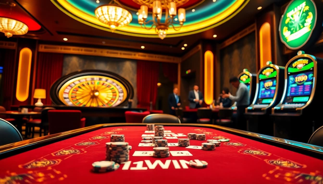 Players engaging in high-stakes poker at 11WIN casino, showcasing a vibrant and luxurious atmosphere.
