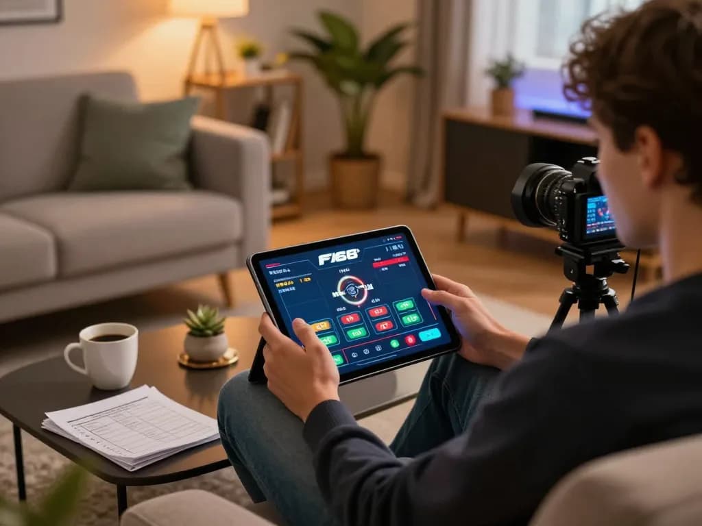 Player engages with F168's online casino app, showcasing dynamic betting actions in a cozy home setting.