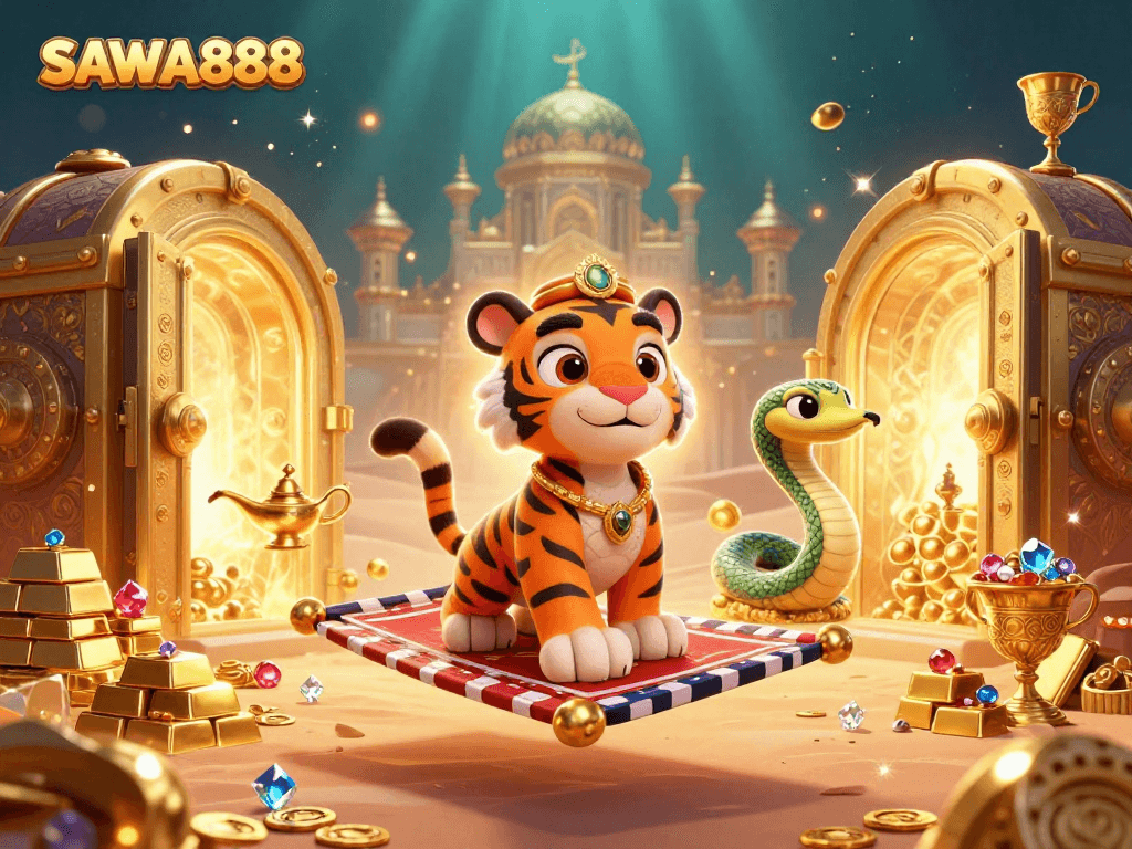 Experience the slot excitement with SAWA888's immersive 3D themed gambling scene featuring treasures and a vibrant ambience.