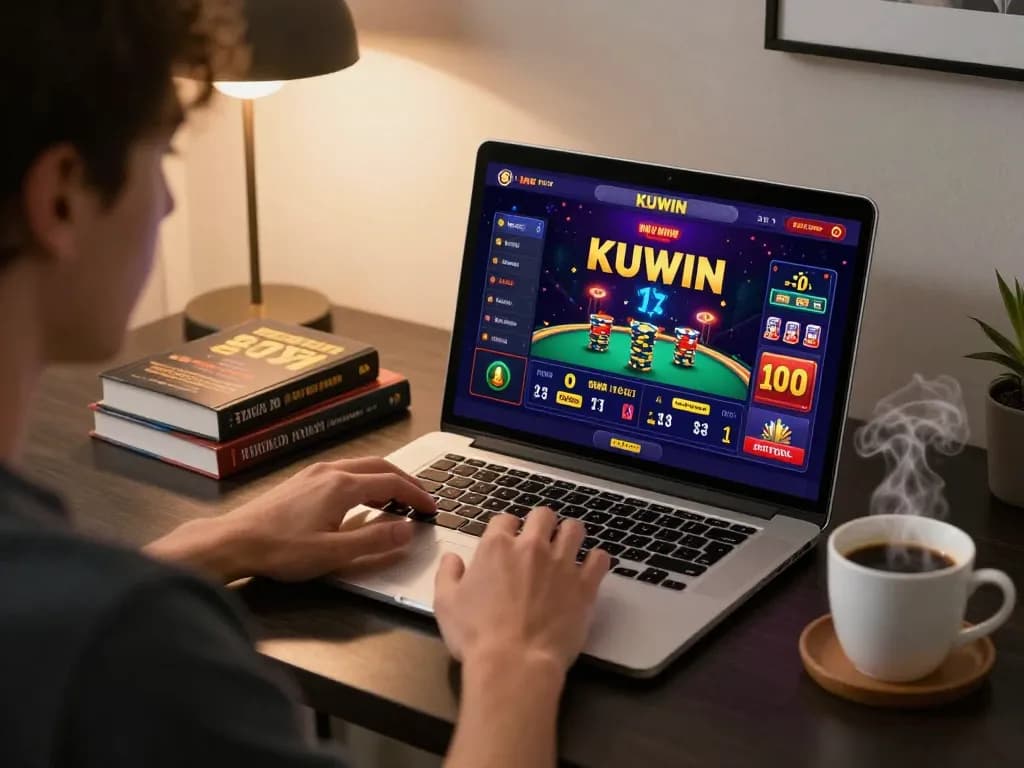 Person engaging in online KUWIN casino strategies on a laptop with a warm home atmosphere.