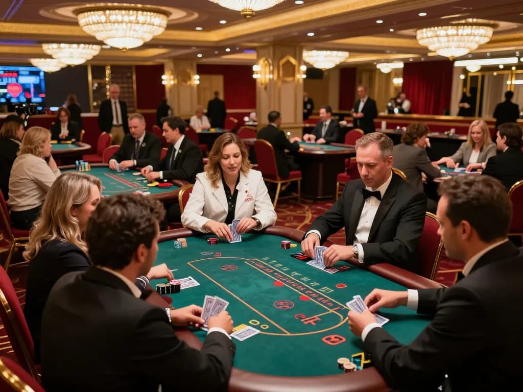 Players strategizing at a blackjack table in an upscale casino environment, hd88 showcasing immersive gambling excitement.