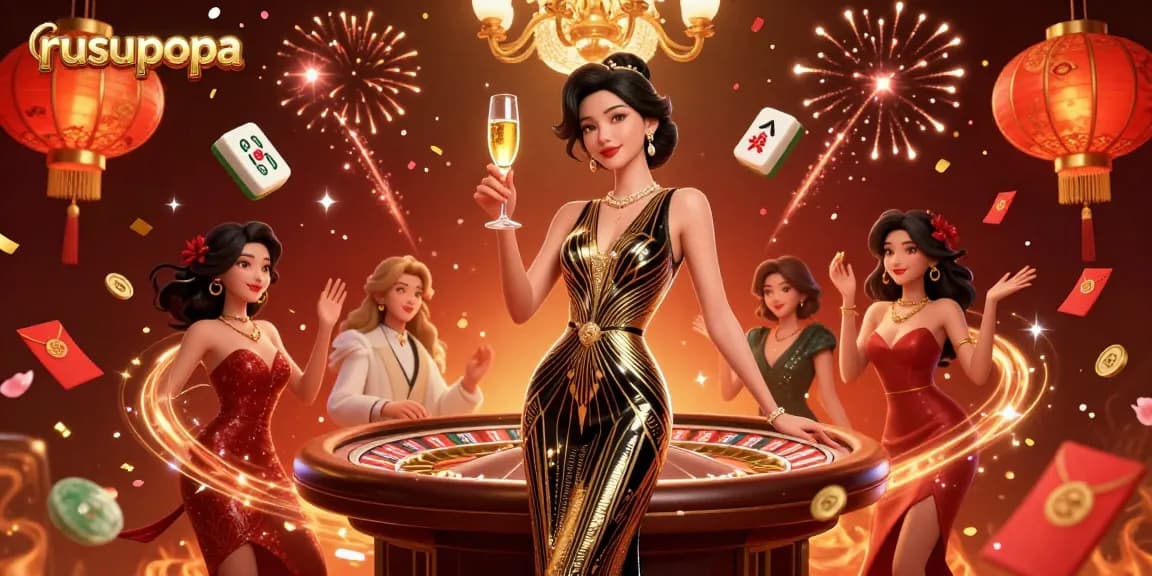 Experience winning moments at rusupopa with a glamorous casino celebration featuring floating mahjong tiles and vibrant energy.