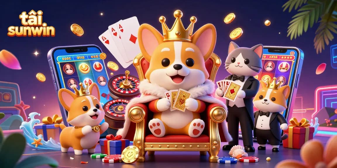 Engage in the excitement of tải sunwin with this vibrant 3D illustration showcasing a royal corgi on a poker throne.