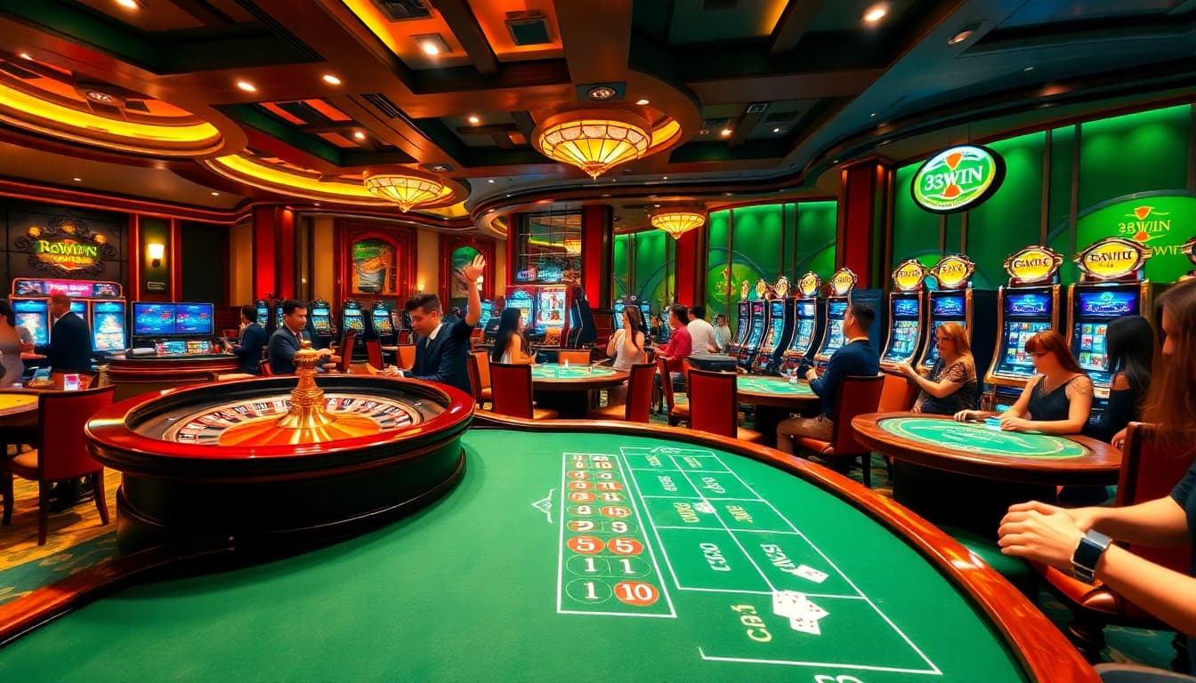 Gamblers enjoying the thrilling experience at Nhà cái 33WIN casino with roulette and poker tables.