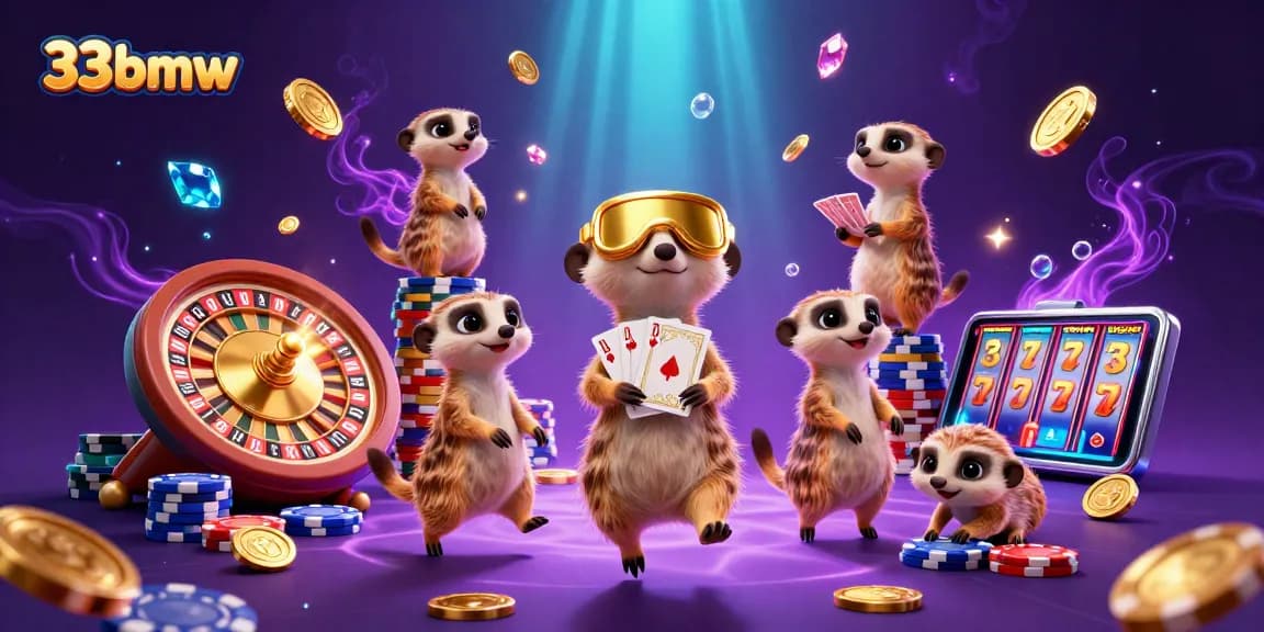 Experience vibrant casino adventures with 33bmw's dynamic meerkat characters in a colorful gambling scene.