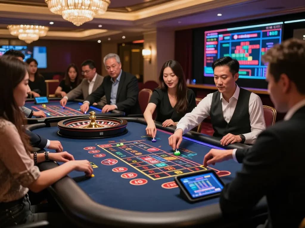Players enjoying a live dealer game at GK88 online casino, illuminated by warm chandelier lights.