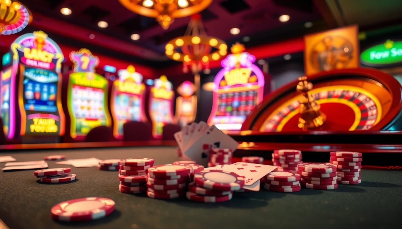 Experience the excitement of nk88bet.org featuring a luxurious casino setting filled with poker chips, cards, and roulette wheels.