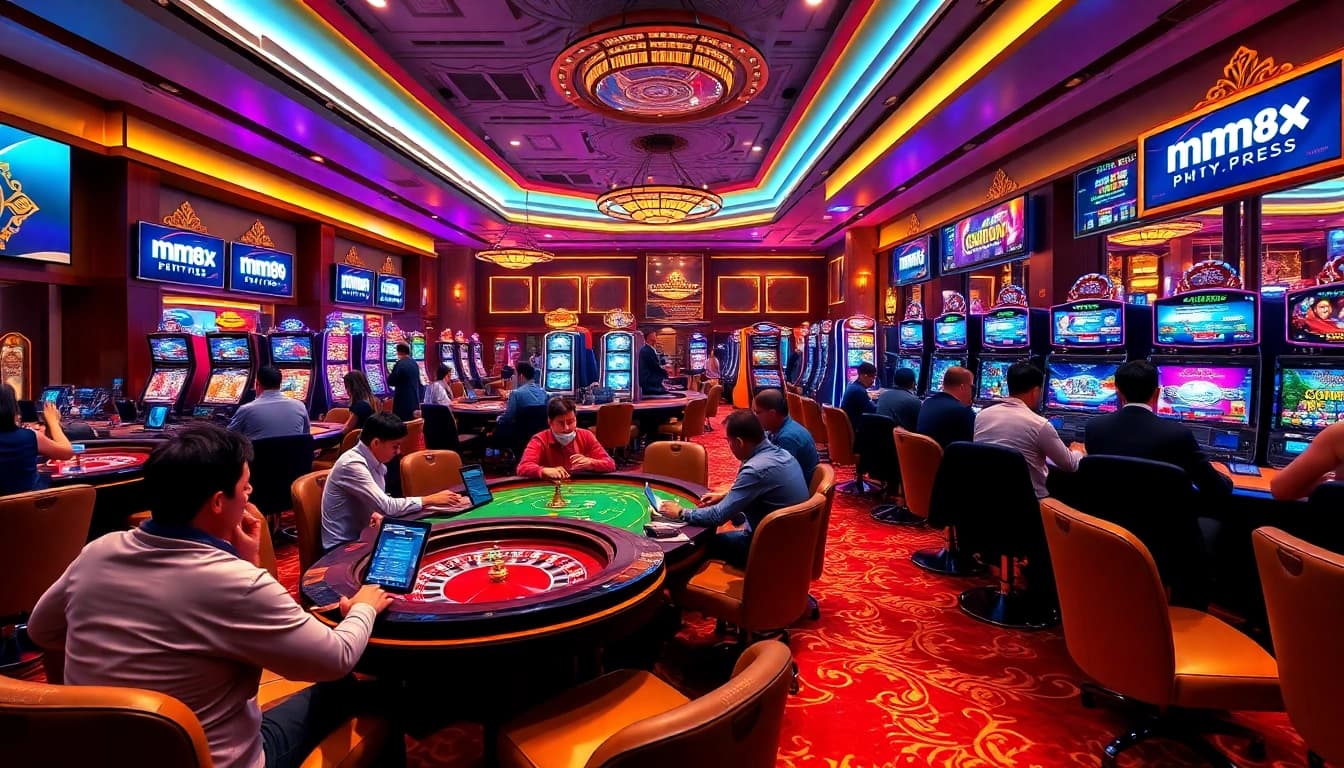 Players enjoy thrilling games at mm88.press, featuring vibrant slot machines and engaging table games.