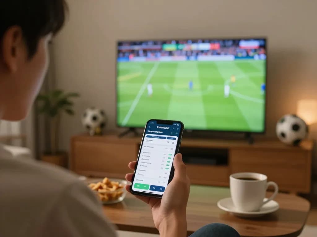 Engaging in sports betting through the keonhacai app while watching a live football match at home.