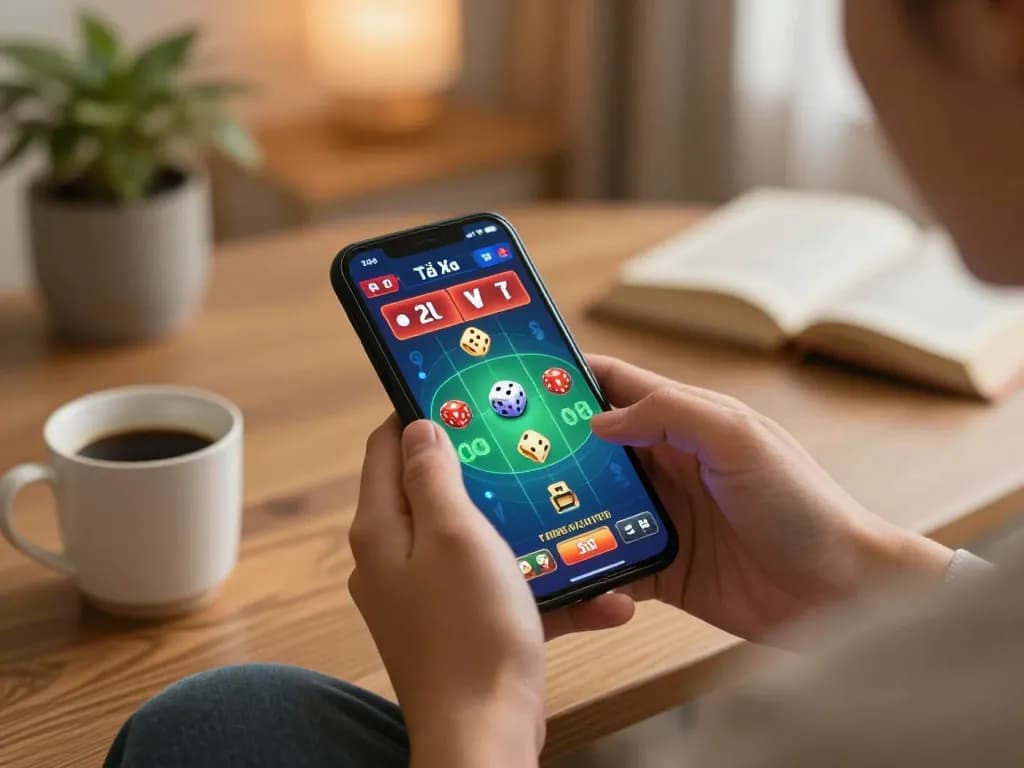 Tài Xỉu online gaming scene with engagement and strategy in a cozy home setting.