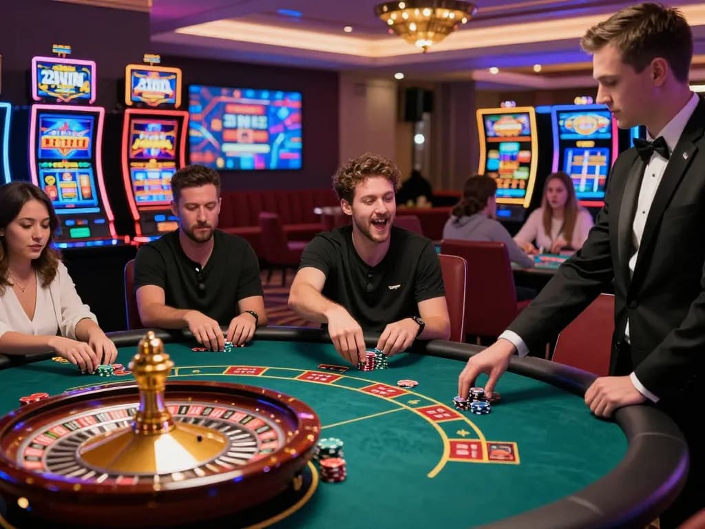 Exciting gaming atmosphere at 23win casino as players engage in poker and roulette, highlighting community and thrill.
