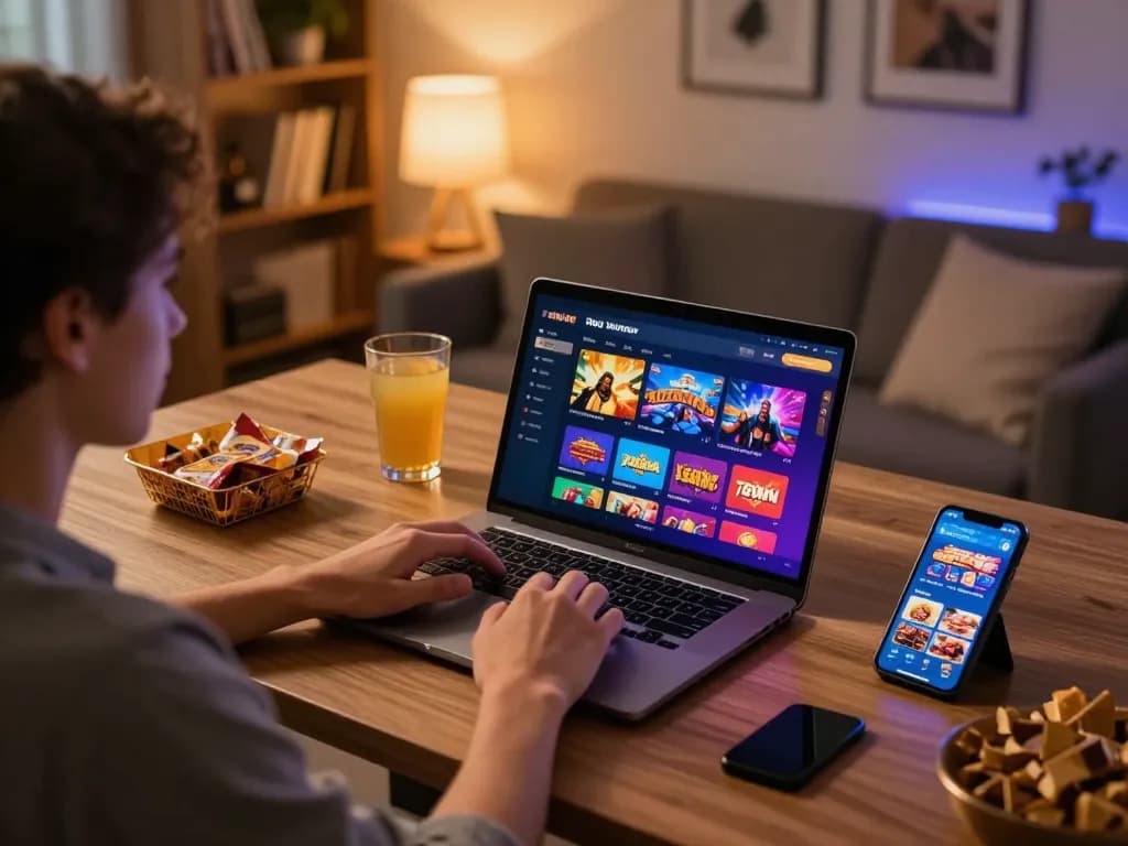Engaging with online casino games at 789WIN on laptop in cozy home office setting.