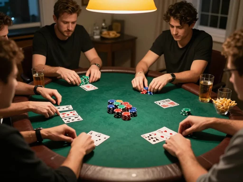 Engaging home poker night scene illustrating social gambling with friends, showcasing nhà cái uy tín in a friendly atmosphere.