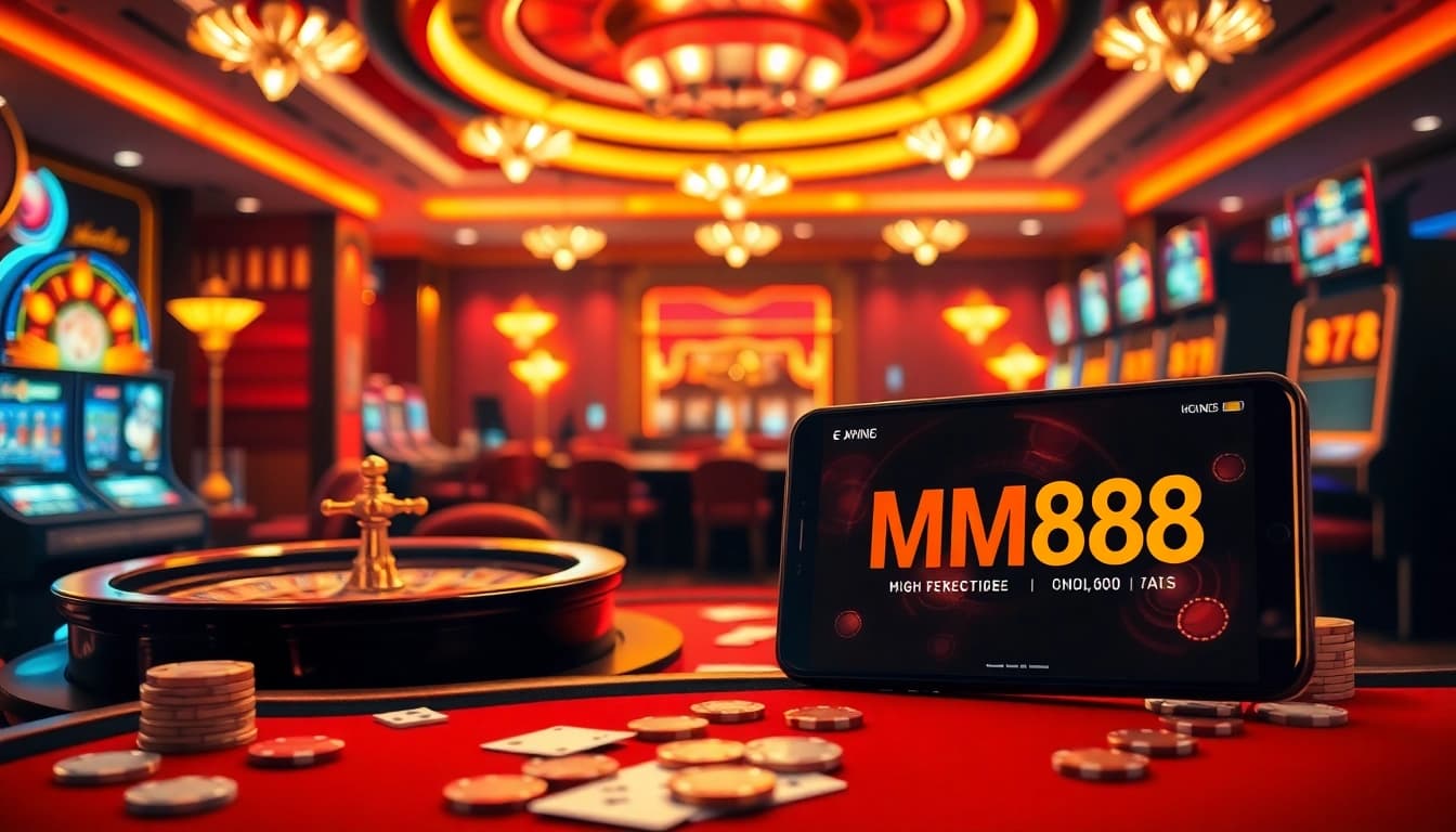 Exciting casino scene featuring MM888 branding with roulette and poker tables.
