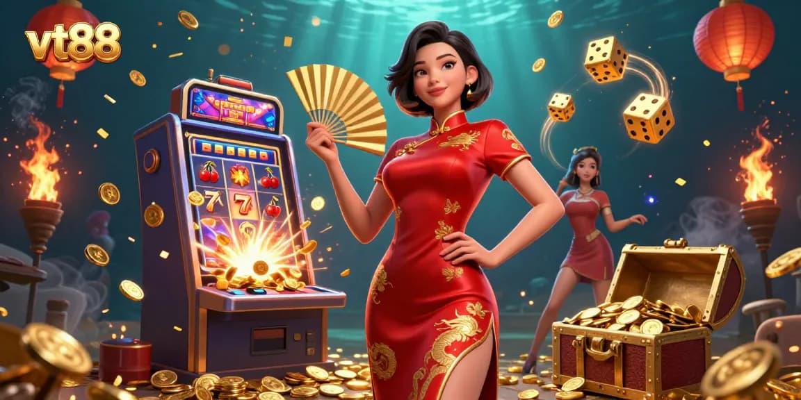 Engage with vt88's exciting casino experience surrounded by dynamic gaming elements and a beautiful Asian woman.