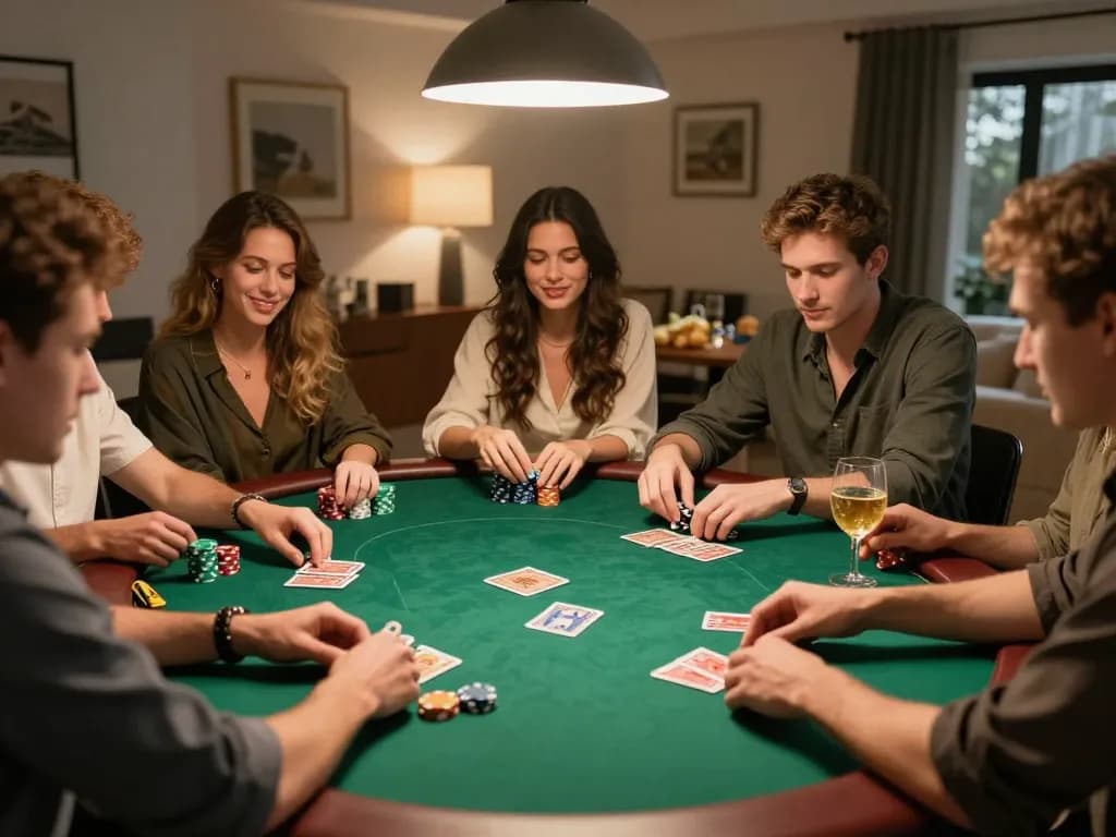 hitclub poker night with friends at home, showcasing competitive gameplay and strategic decisions
