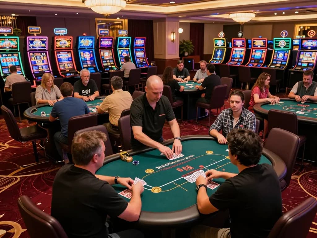 Players enjoying poker at a casino floor, showcasing nhacaiuytinn within a vibrant atmosphere of excitement.