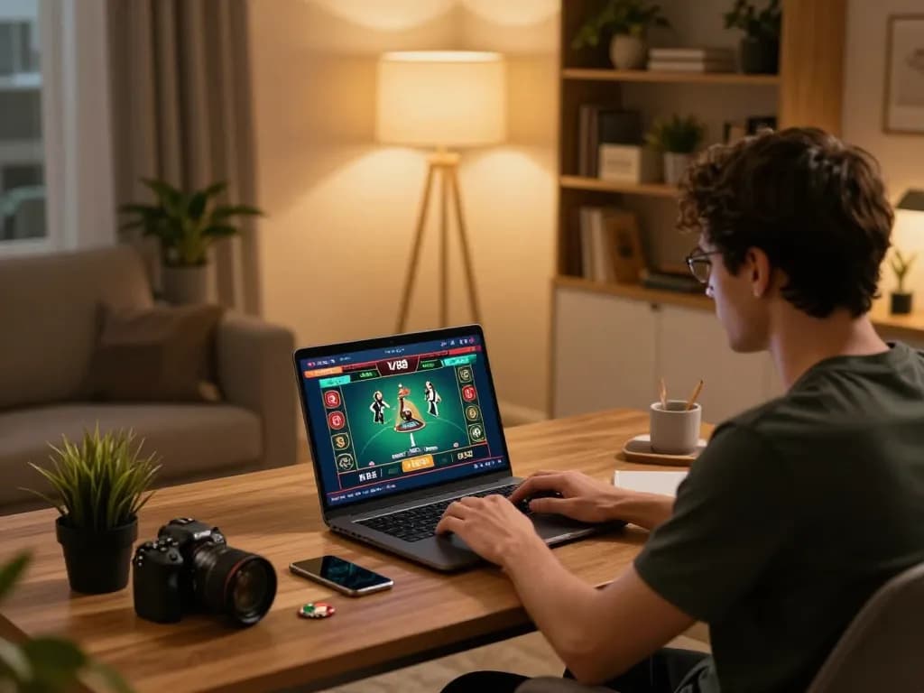 Engaging in LV88 online gameplay with live dealer games on a stylish desk setup