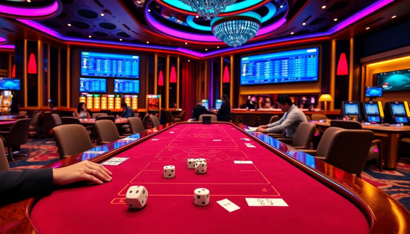 Tài Xỉu MD5 game table bustling with action, showcasing players and colorful chips.