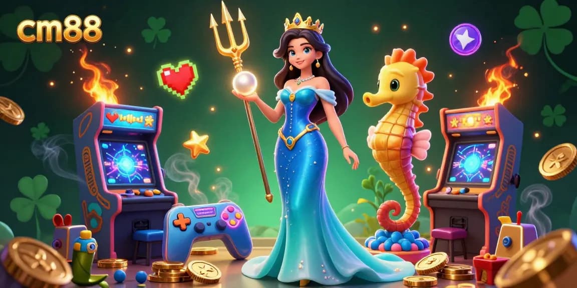 Experience thrilling gameplay with cm88 featuring a stunning woman and seahorse king in a vibrant casino scene.
