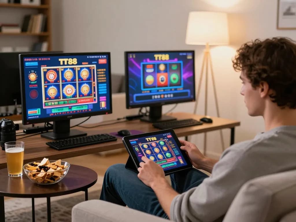 Engaging gameplay at TT88 casino on a tablet with vibrant slots and poker.