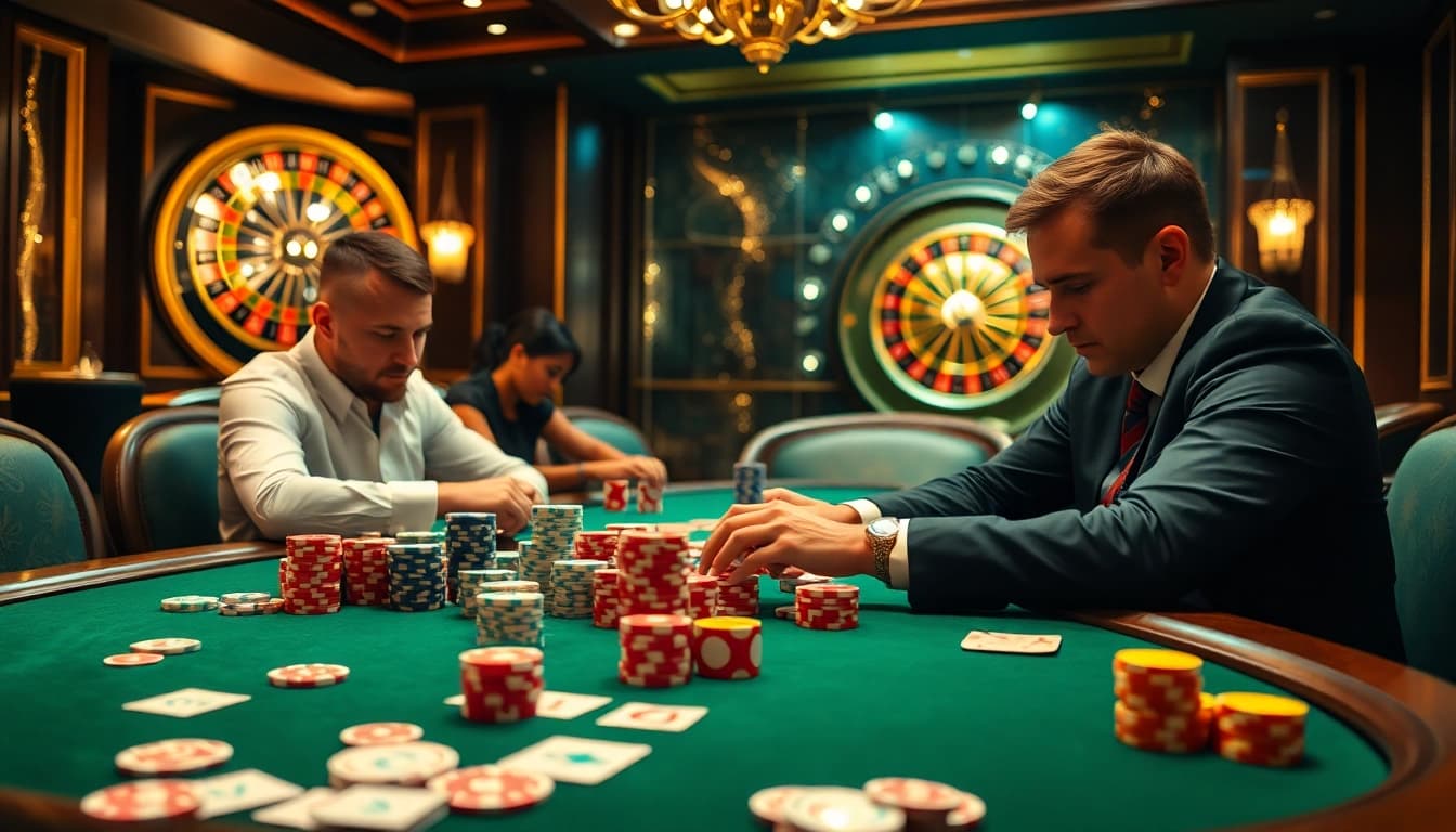 Experience the thrill of house 88vv with professional poker players at a luxurious casino table.