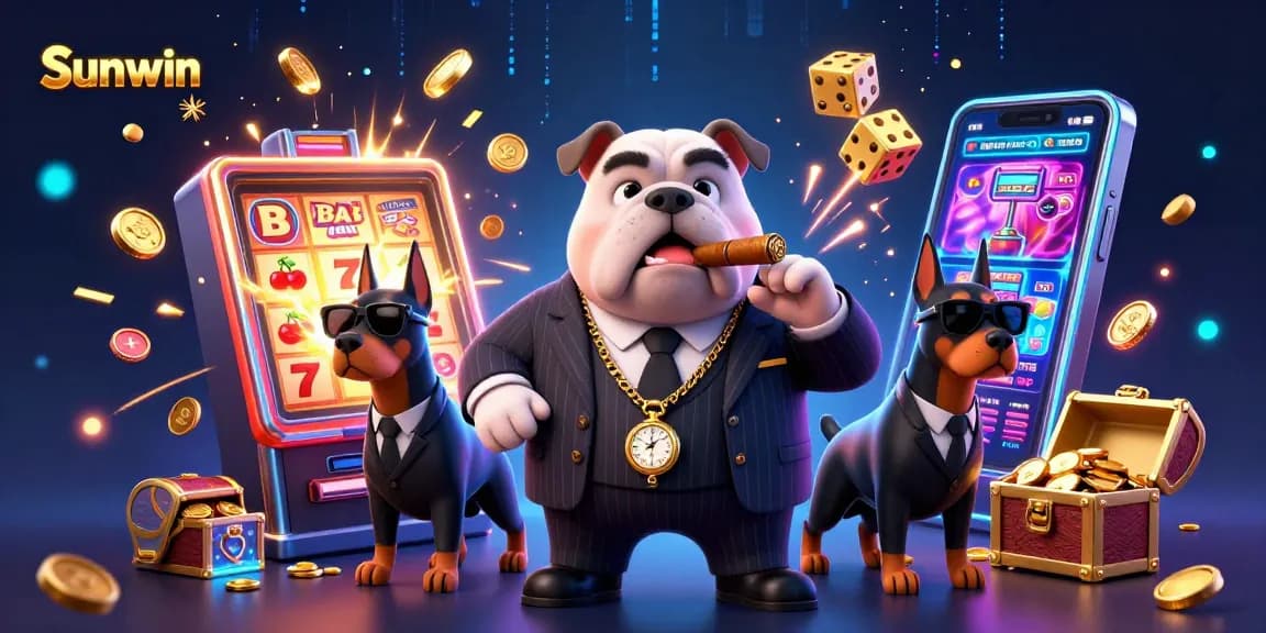 Sunwin slot machine jackpot scene featuring a mafia boss bulldog and Doberman bodyguards celebrating wins.