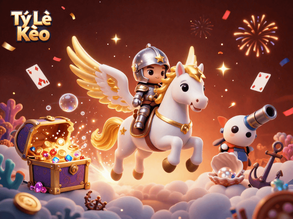 Experience Tỷ Lệ Kèo with a dynamic scene of a knight on a celestial steed amidst a gold-filled treasure.