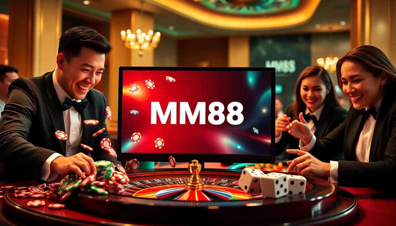 MM88 online interface showcasing vibrant casino elements, poker chips, and dice.