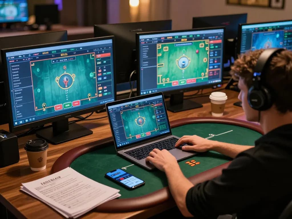 7M user engaged in a strategic online poker game at home with multiple devices and betting notes.
