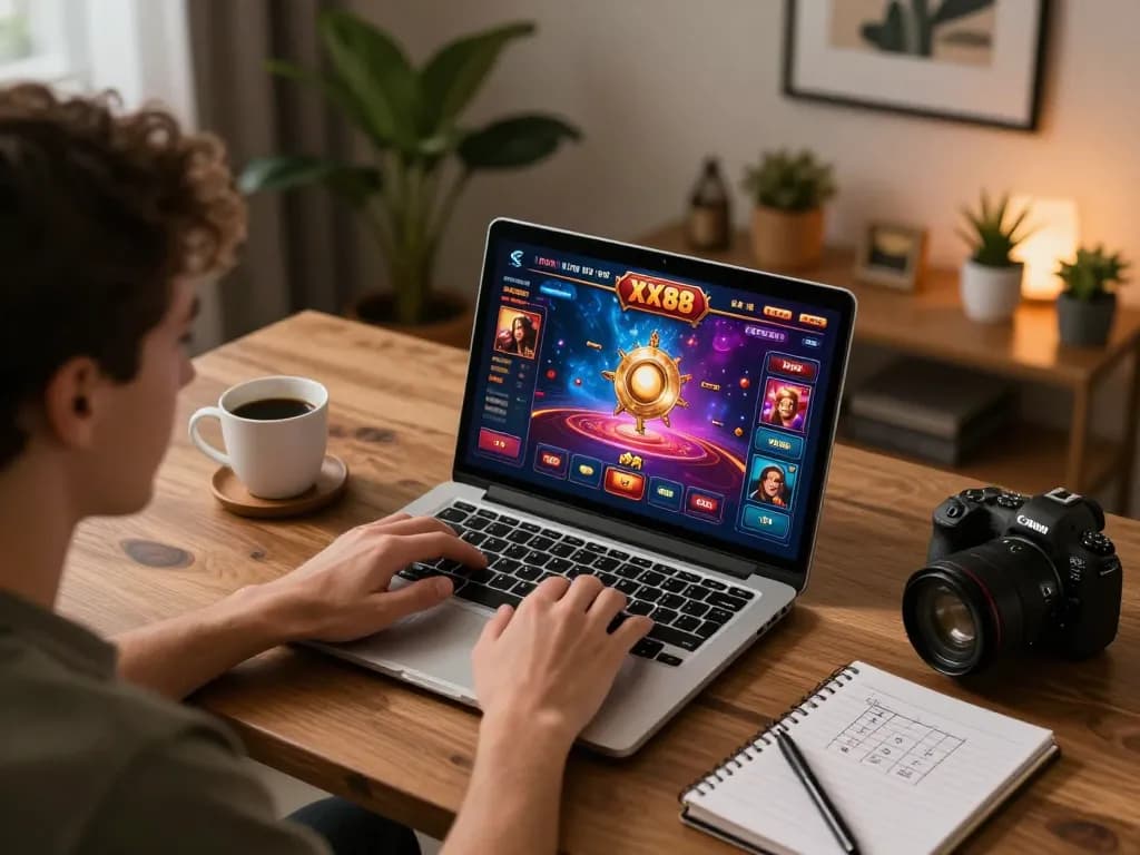 Engaging online gaming session with XX88 on a laptop, showcasing vibrant casino graphics and a cozy workspace.