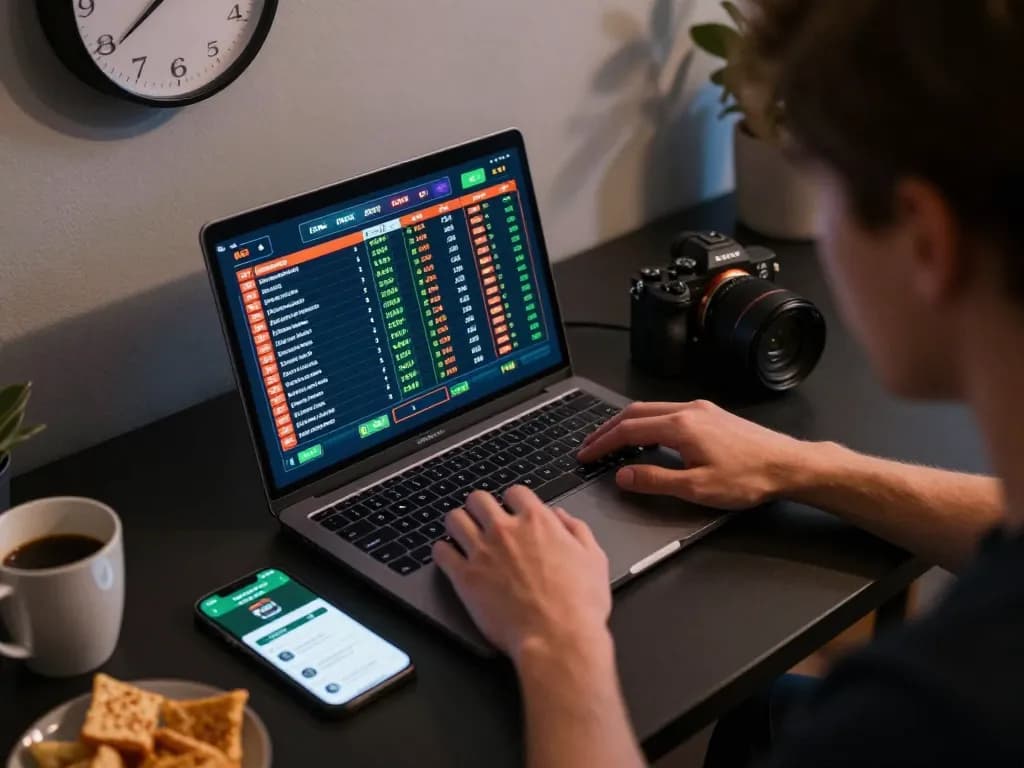 Engaging in strategic online sports betting with gi88 while tracking live match statistics on a laptop