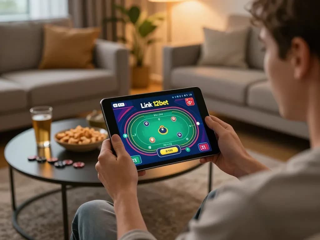 Người xem sử dụng Link 12bet trên máy tính bảng, hiển thị giao diện poker trong một phòng khách ấm cúng.