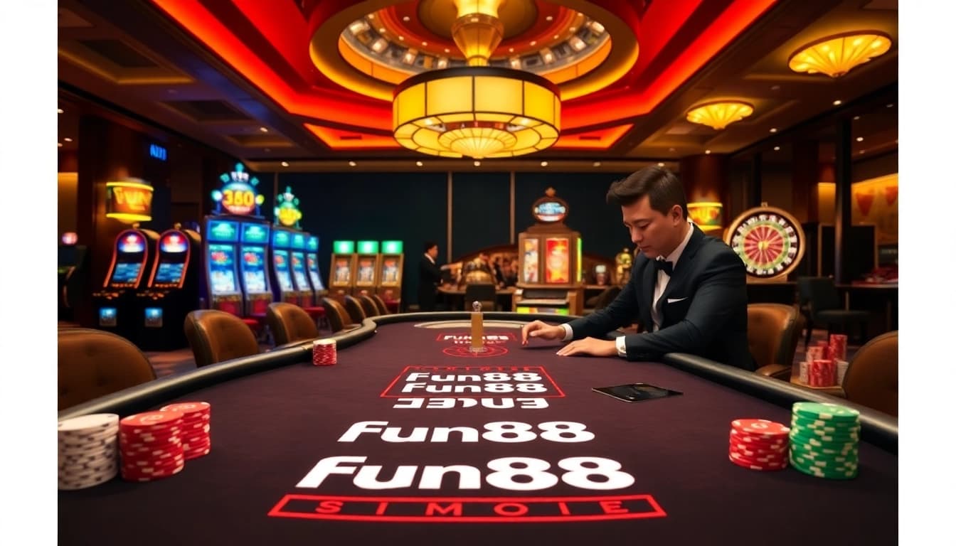 Fun88 poker table scene showcasing excitement with professional dealers and vibrant casino elements.