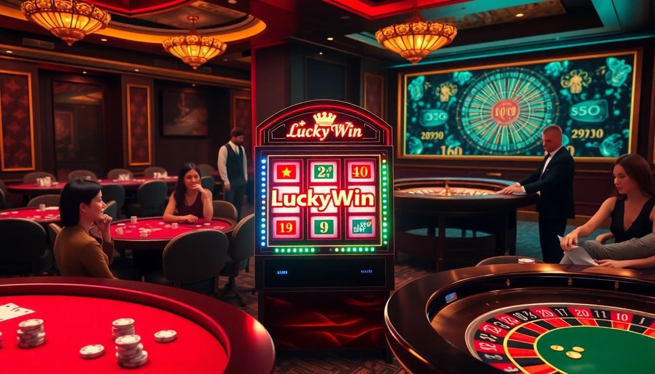 Excited players engaging with the LuckyWin slot machine in a luxurious casino setting, full of vibrant colors and dynamic action.