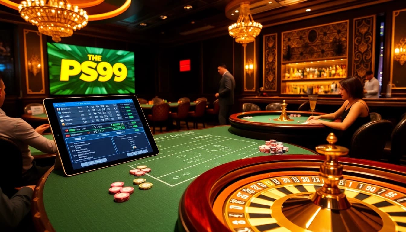 Players celebrating wins at nhà cái PS99 in a luxurious casino setting with vibrant graphics and betting chips.