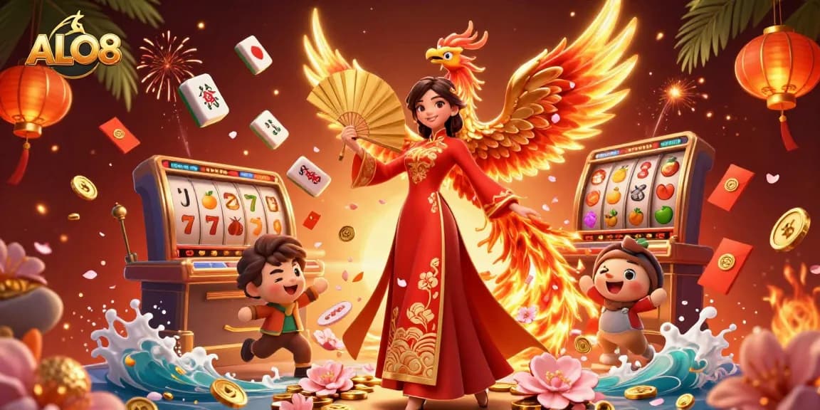 Experience thrilling wins with ALO8’s dazzling casino illustration featuring vibrant characters and game elements.