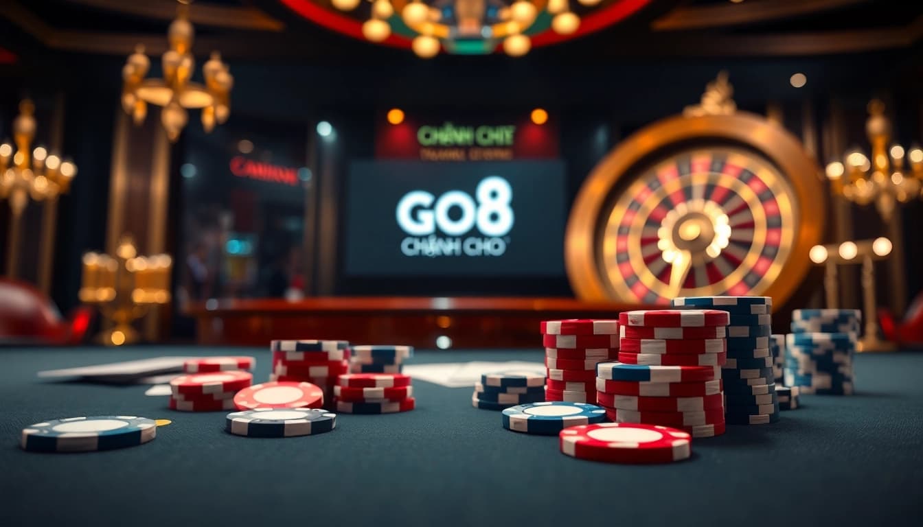 Experience the thrill of GO8 CHÍNH CHỦ at a luxurious casino table with vibrant poker chips.