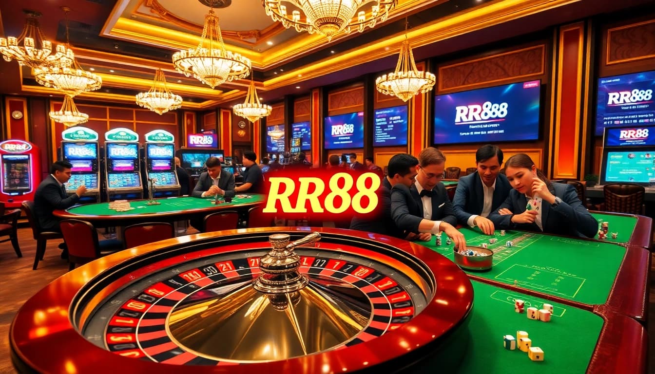 RR88 players enjoying a thrilling night at the casino with roulette and poker games.