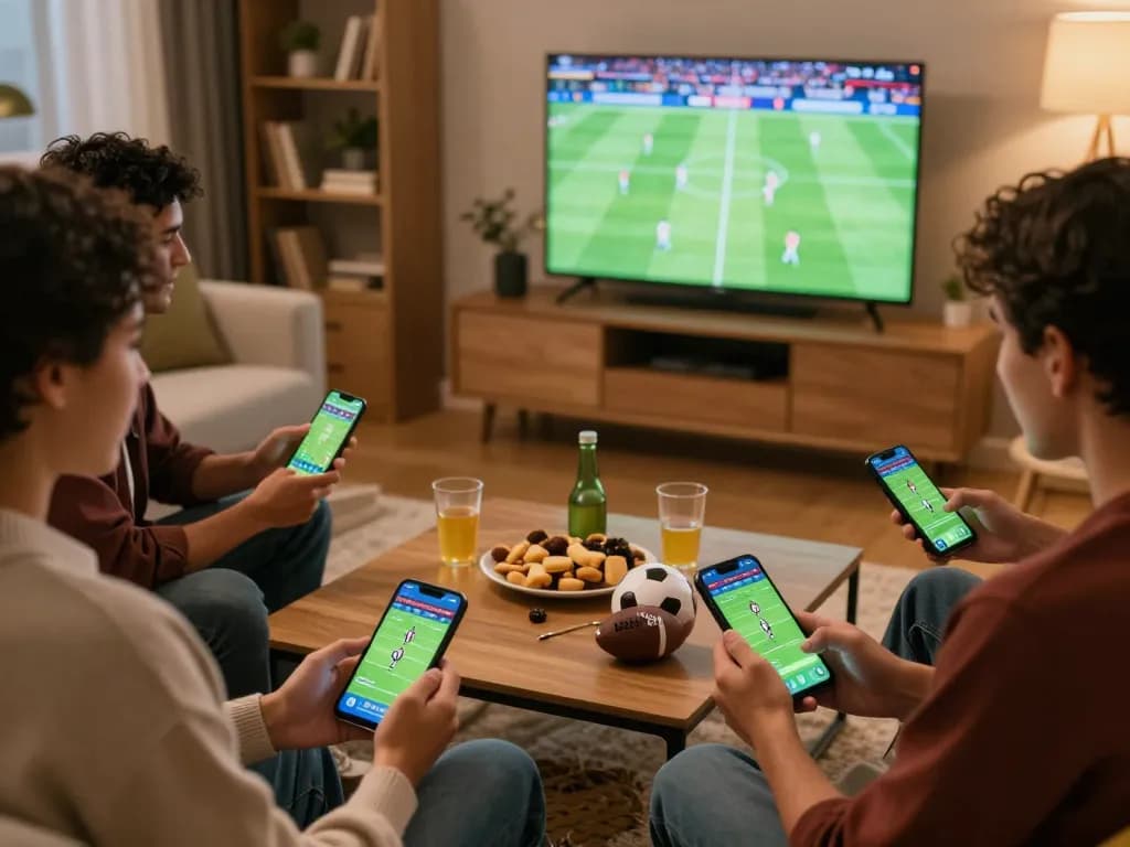 Engaging friends placing แทงบอล bets during a football game in a cozy living room