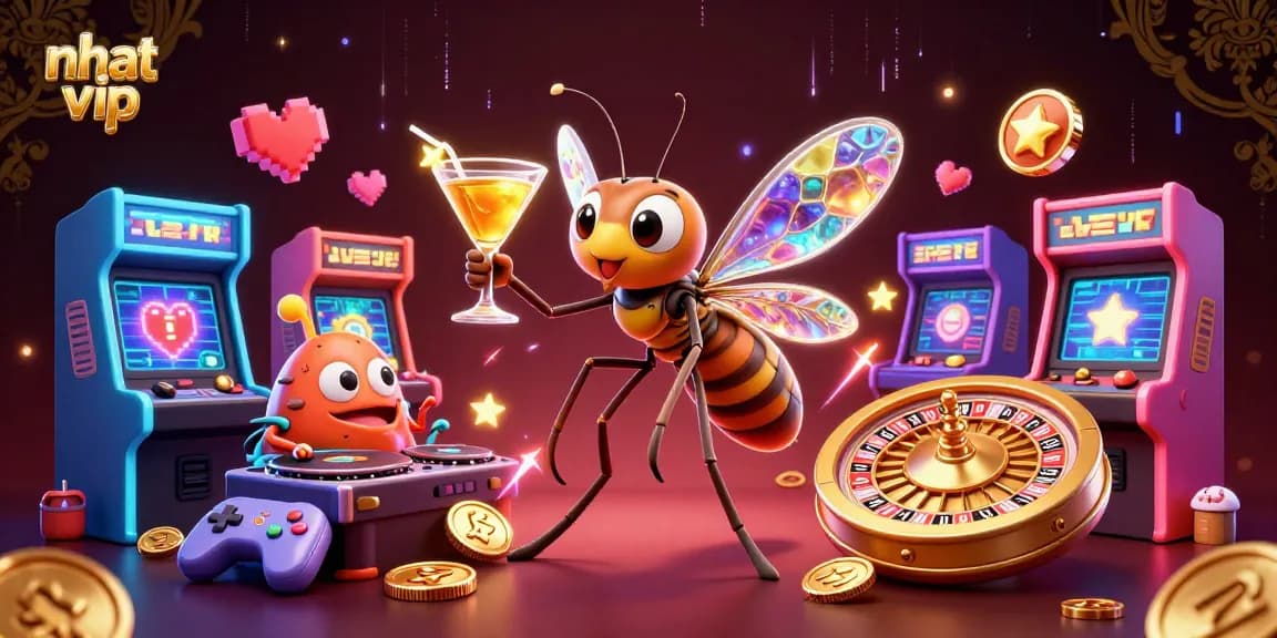 Engage with the exciting games at nhat vip, featuring a dynamic casino scene with vibrant 3D elements.