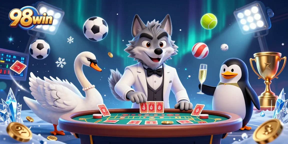 Experience thrilling games with 98win at a vibrant casino scene featuring unique characters.