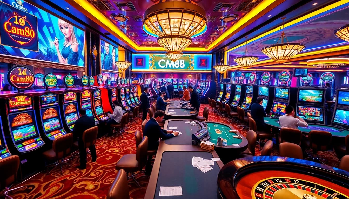 Experience luxurious gaming at CM88 with vibrant slots and poker tables bustling with action.