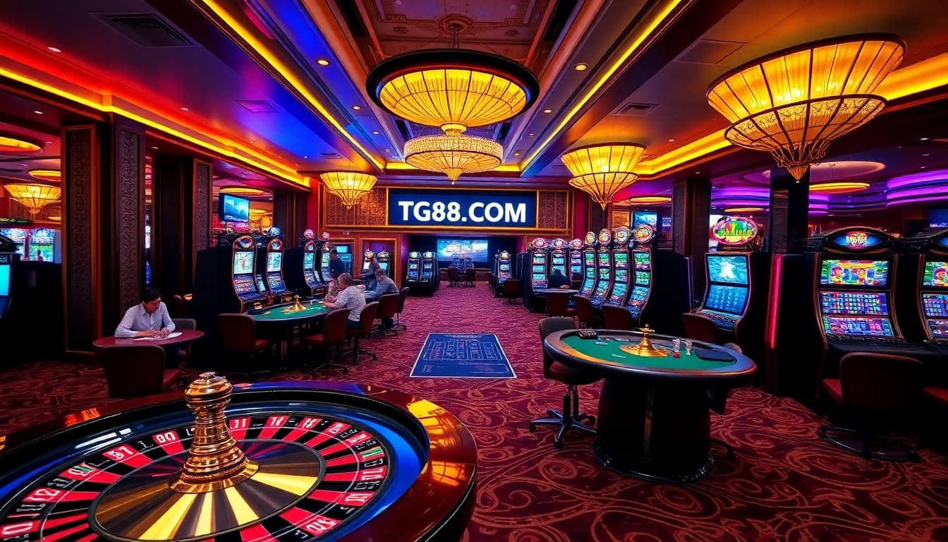 Players enjoying high-stakes thrills at TG88 COM casino with vibrant gaming tables and slots.