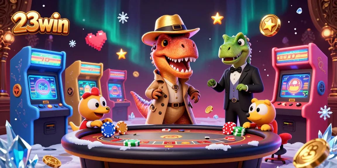 Increase your winnings at 23win with a playful scene of a velociraptor card counter amidst lively gaming.