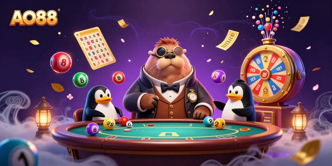 Play poker with the charming AO88 walrus in a vibrant underwater casino scene.