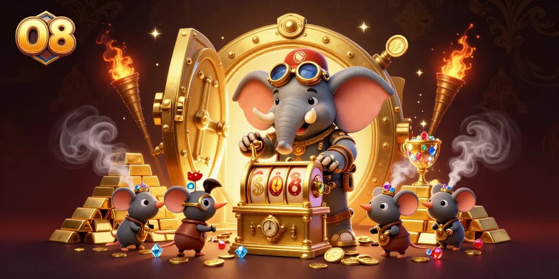 Engage with O8’s thrilling slot experiences featuring a steampunk elephant operating a golden machine.